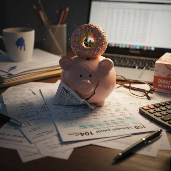 Messy desk, tax forms, donut, cracked piggy bank.