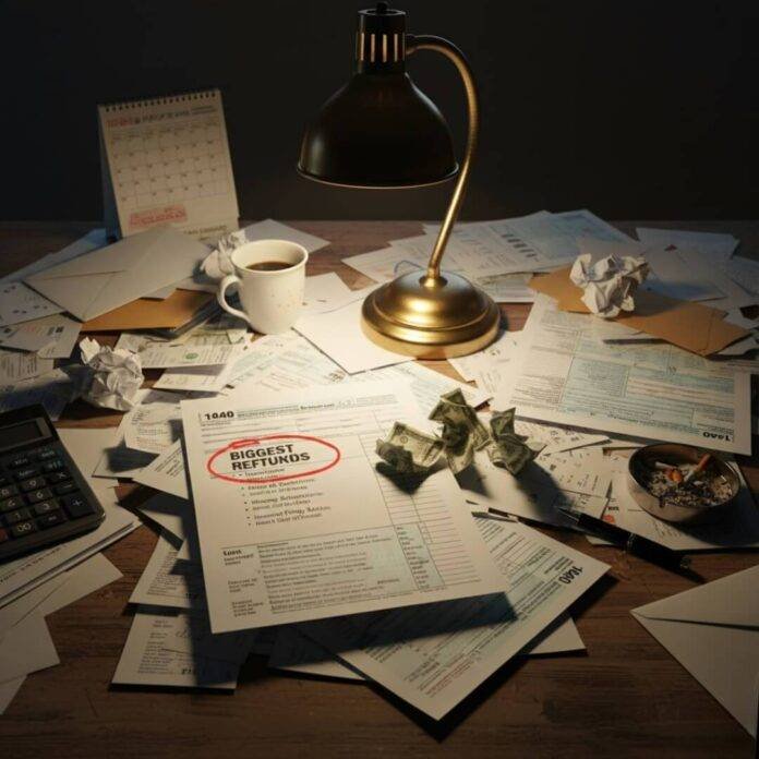 Cluttered desk with tax forms and vanishing cash.