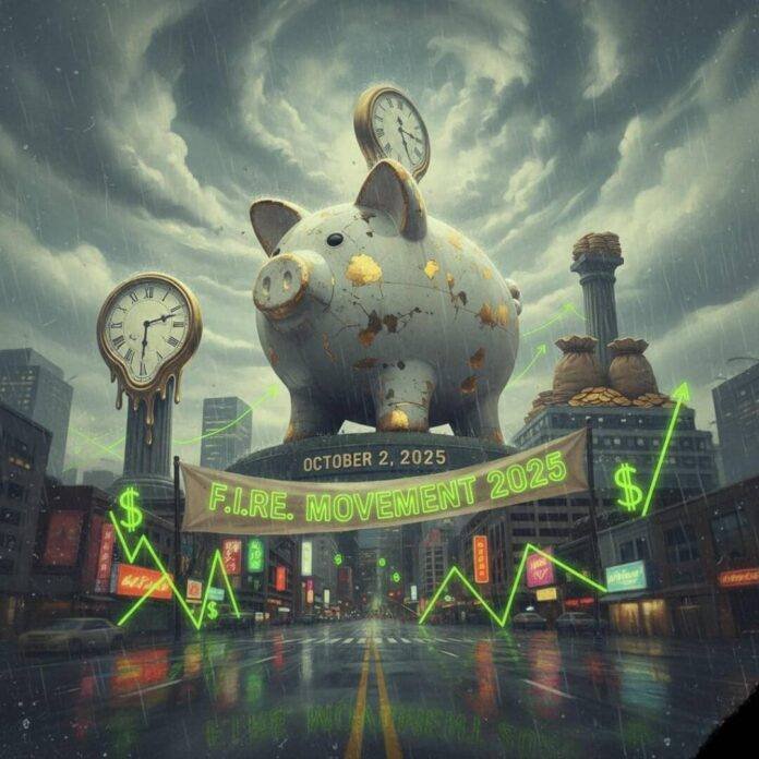 Piggy bank monument in rainy city, FIRE Movement.