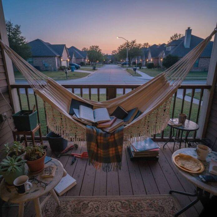 Austin porch, hammock, notebooks, suburban street, dusk.
