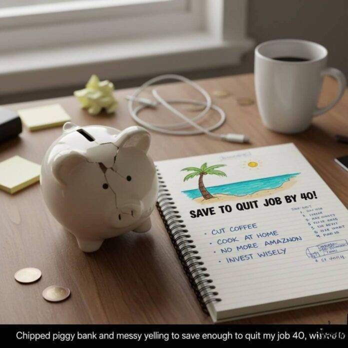 Chipped piggy bank, messy notebook, beach dream.