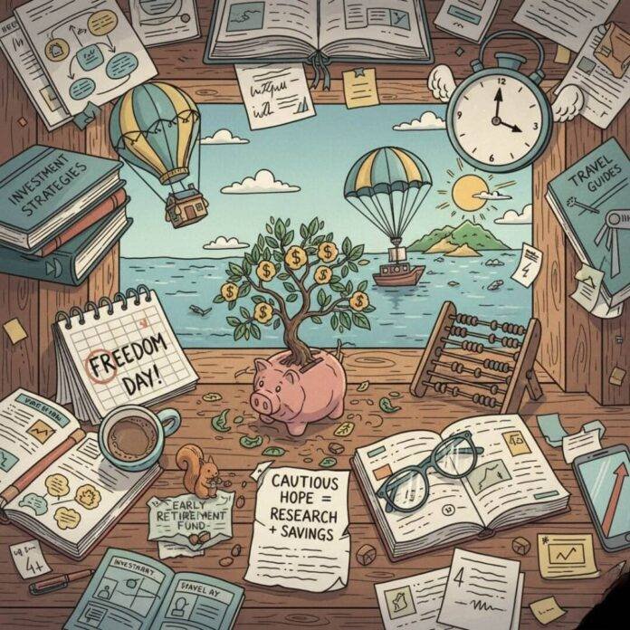 Messy desk with financial plans and travel dreams.