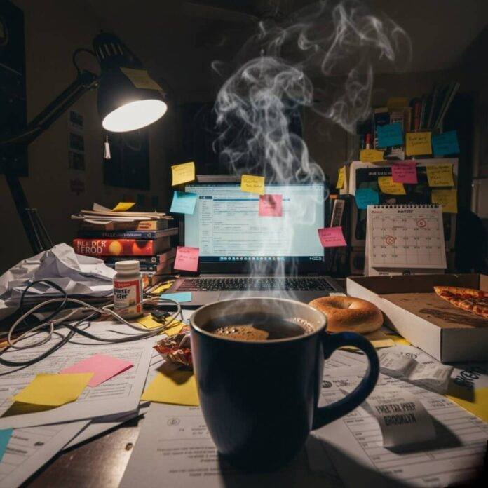 Tax season desk chaos with coffee steam.