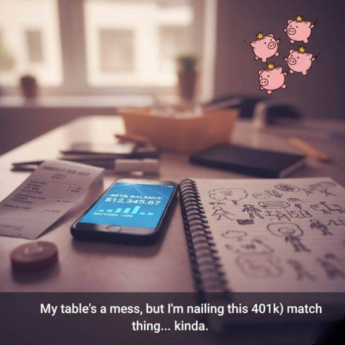 Messy table, 401(k) balance, dancing piggy banks.
