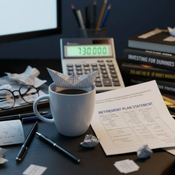 Cluttered desk with retirement plan, coffee, and paper sailboat.