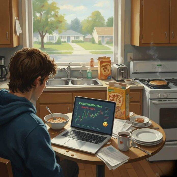 Man stresses over 401(k) during breakfast.