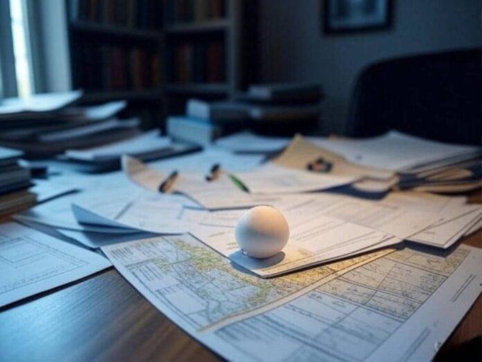 Cracked egg on financial papers, vintage glitch style.