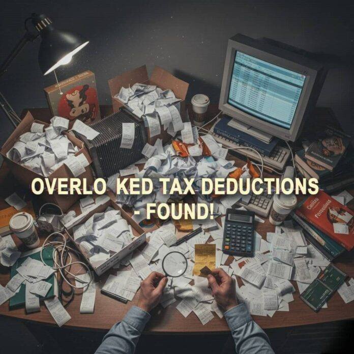 Cluttered desk, tax receipts, vintage glitch style.