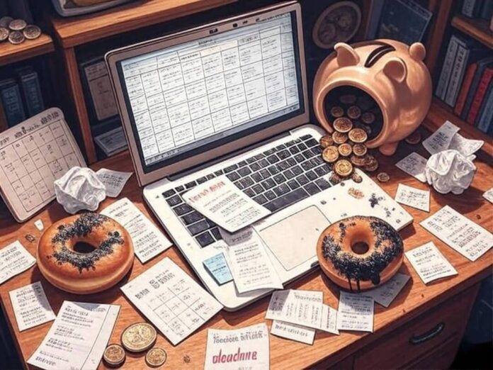 Vintage desk chaos with receipts, humorous tax struggle.