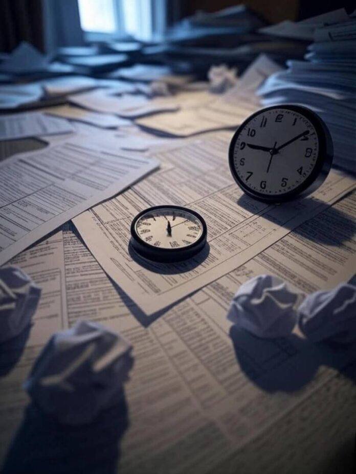 Chaotic low-angle view of crumpled tax papers and ticking clock.