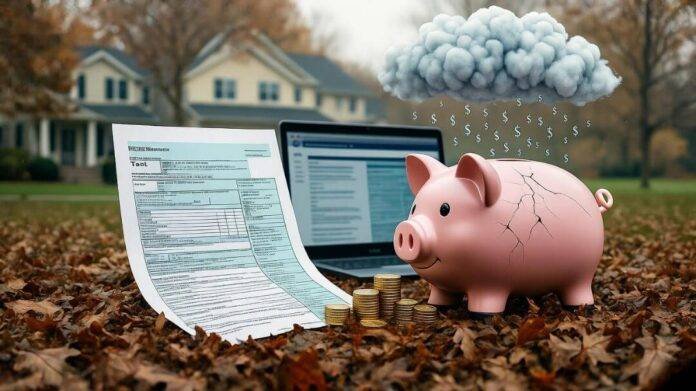Crumpled tax form, cracked piggy bank, IRS tab.