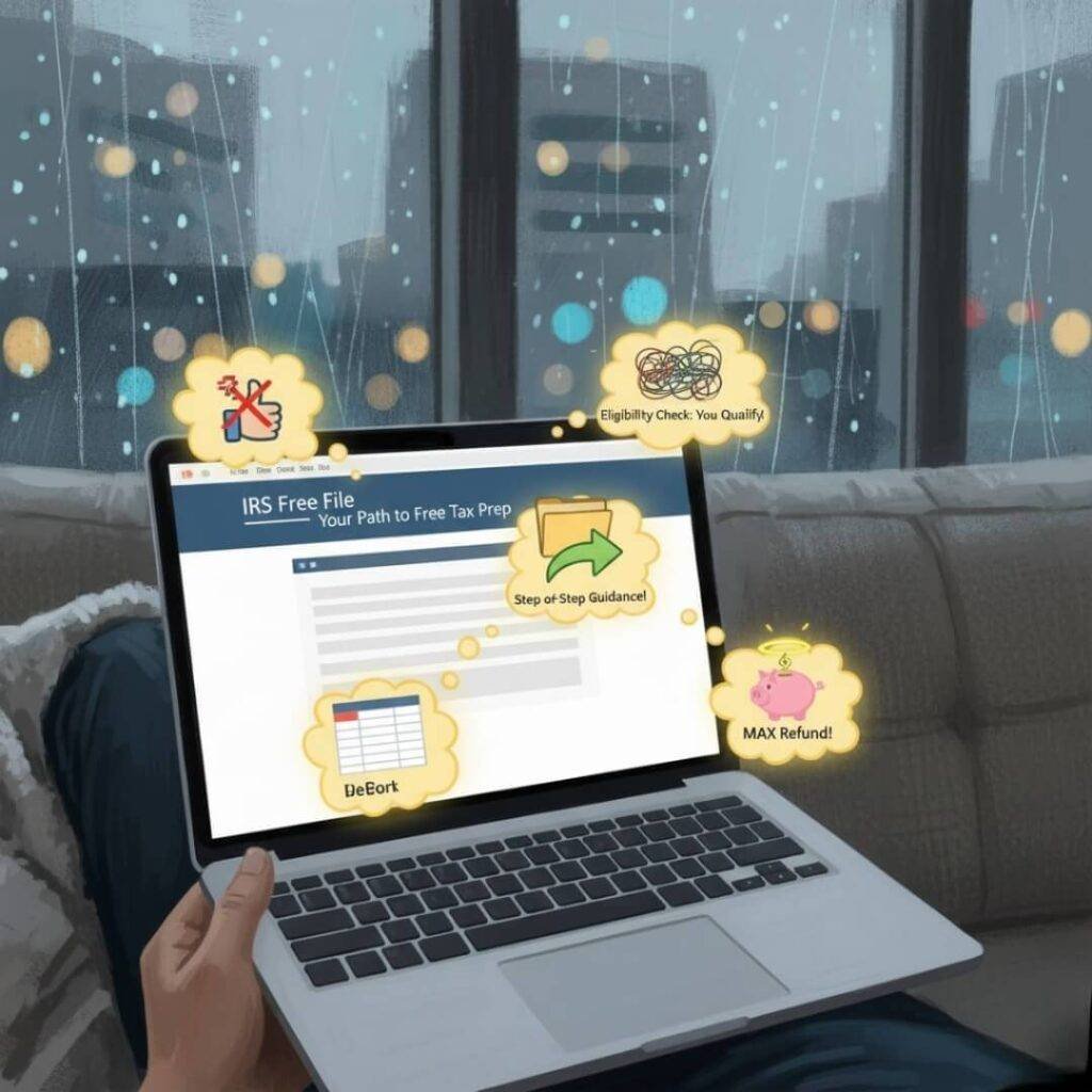 Laptop, IRS Free File, couch, rainy window.