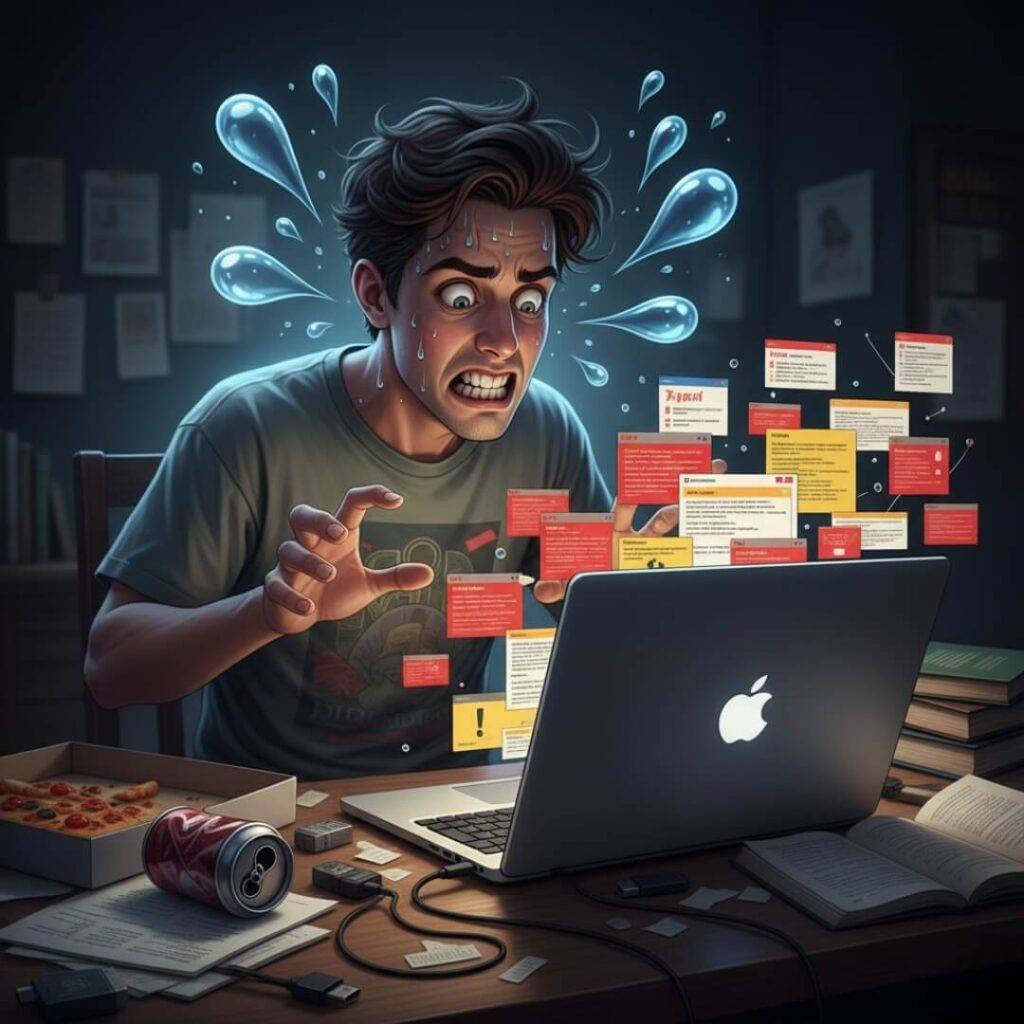 Stressed man at laptop with cartoon sweat drops.