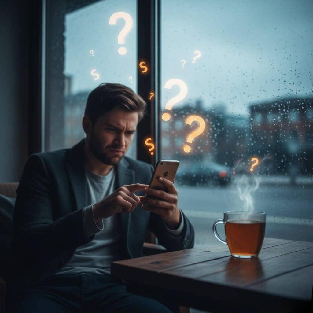 Frustrated person checking phone for tax refund.