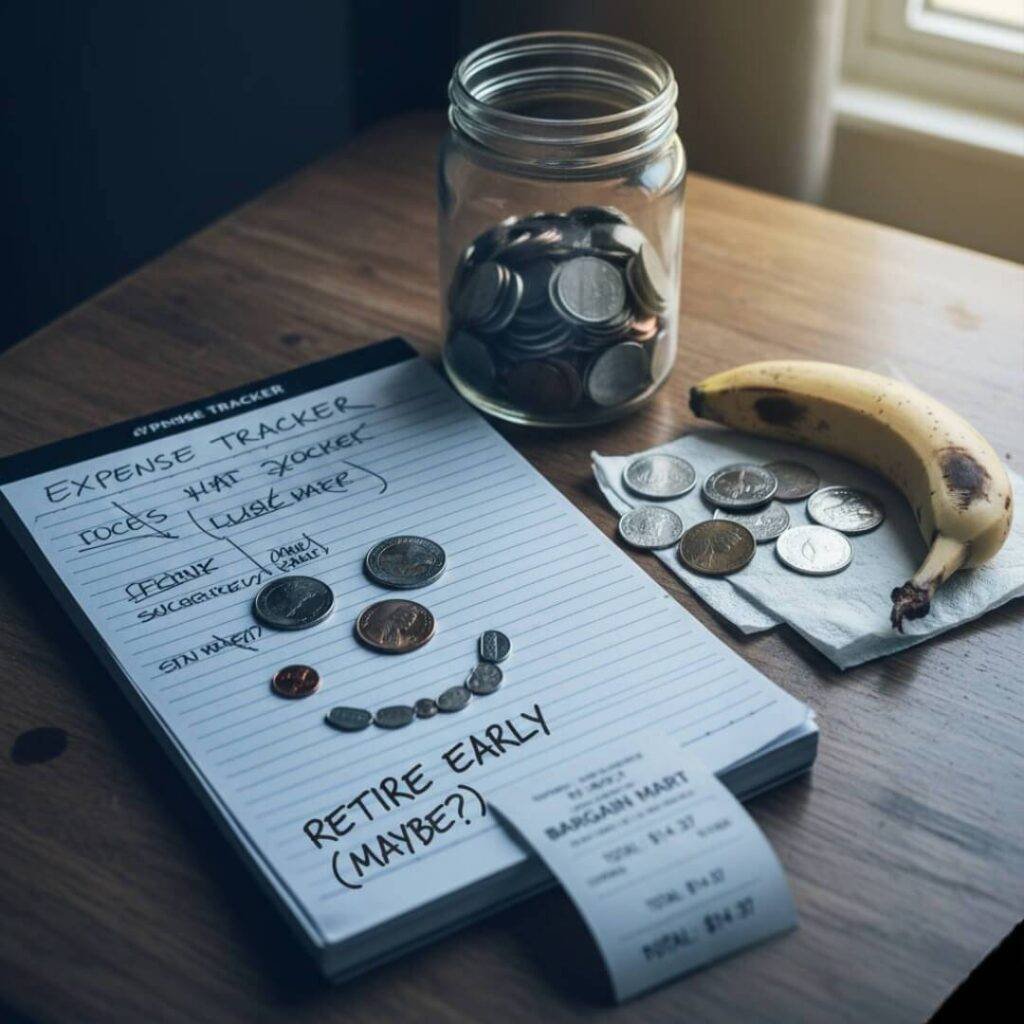 Early retirement savings: humorously tracking expenses.