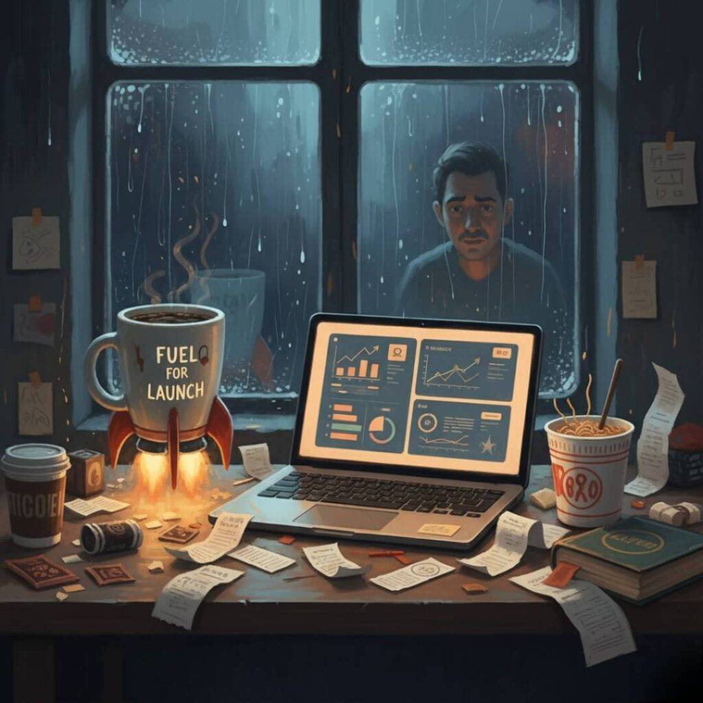 Cluttered desk, laptop, rocket mug, FIRE journey start.