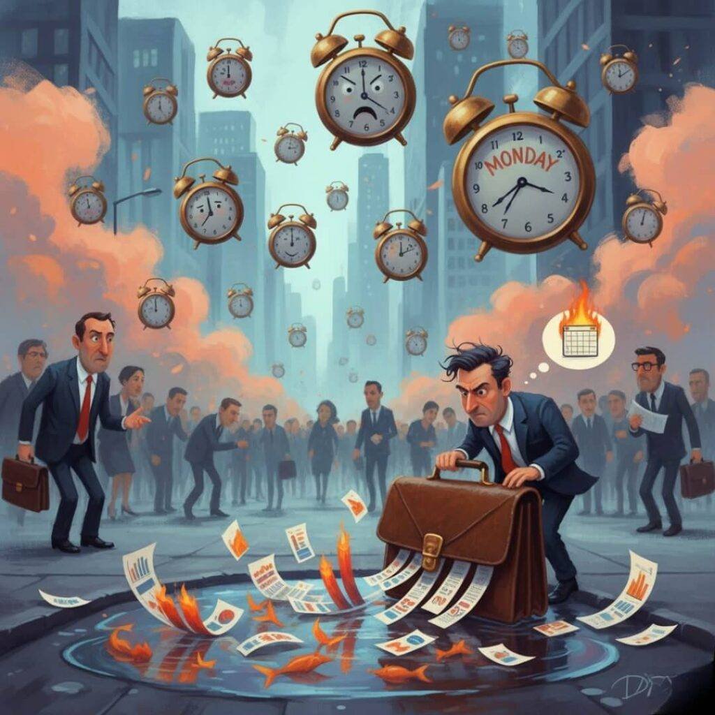 Commuters, floating clocks, briefcase spilling charts.