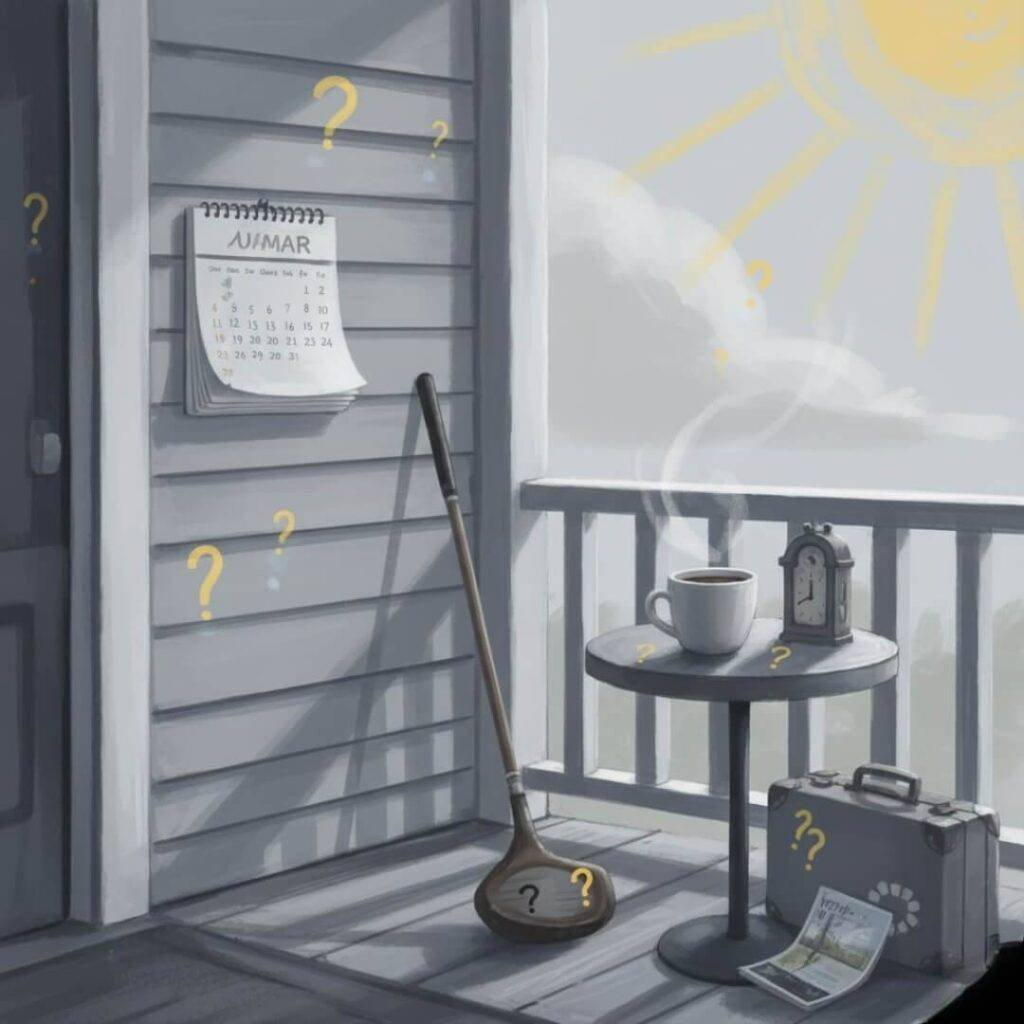 Empty calendar, golf club, coffee, porch, early retirement boredom.