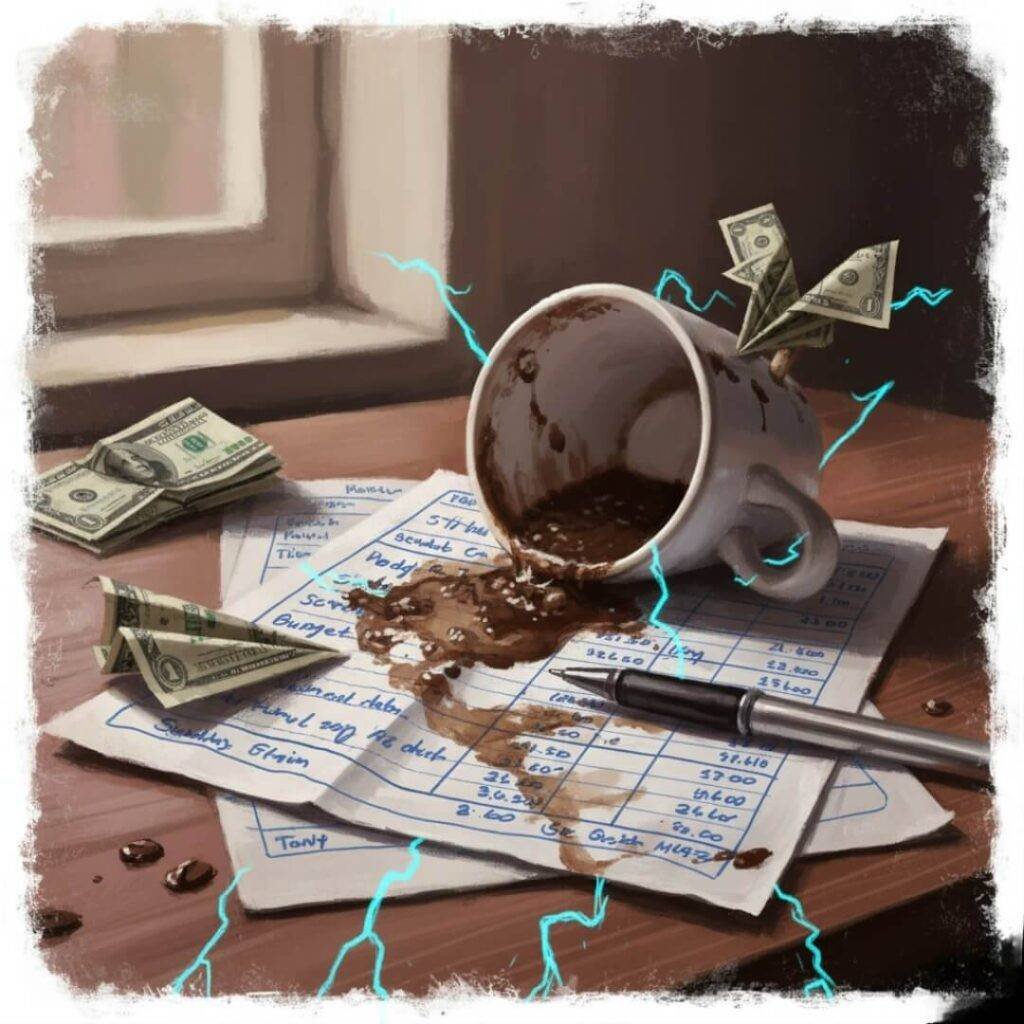 Crumpled budget, spilled coffee, paper plane dollars.