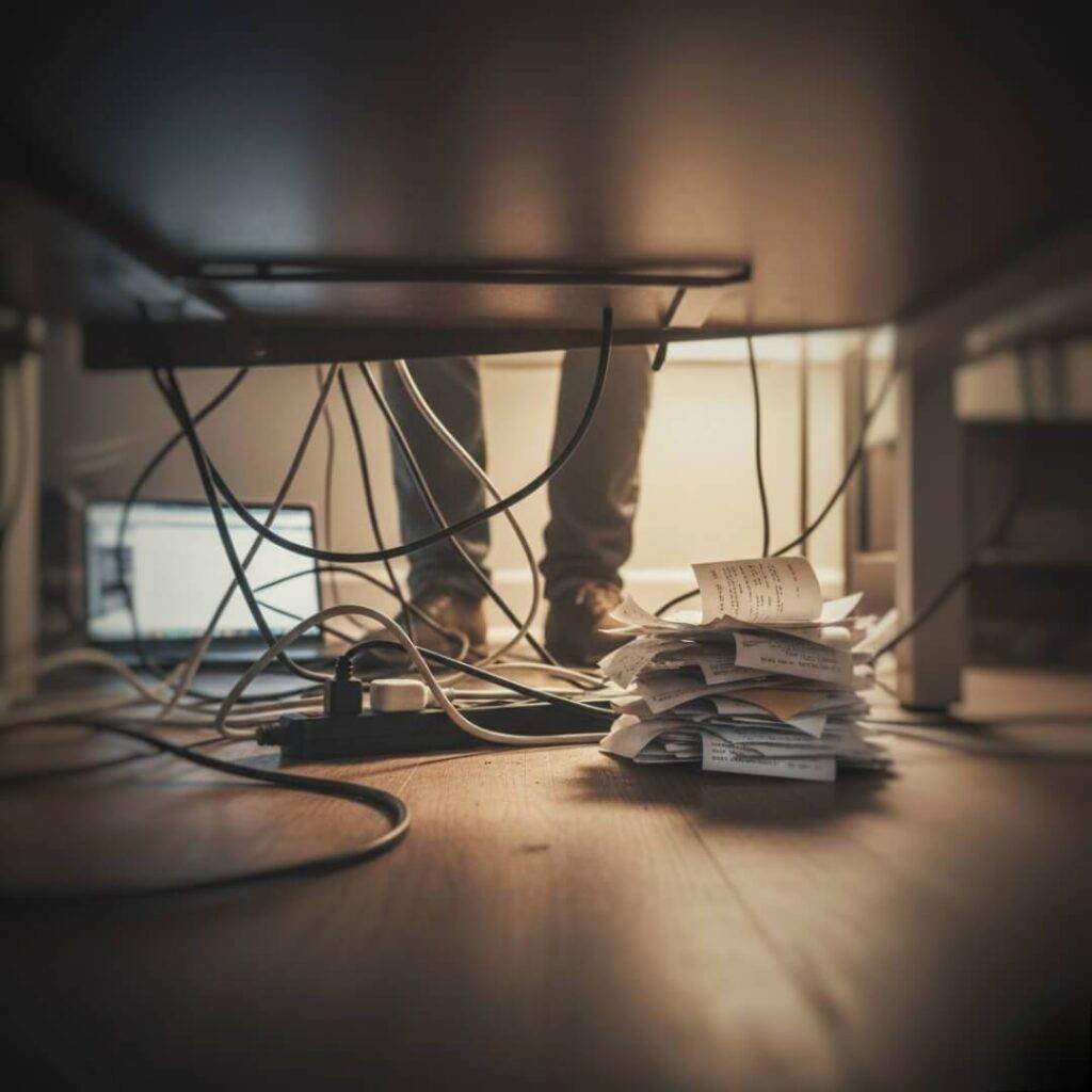 Feet tangled in cords, receipts on floor.

