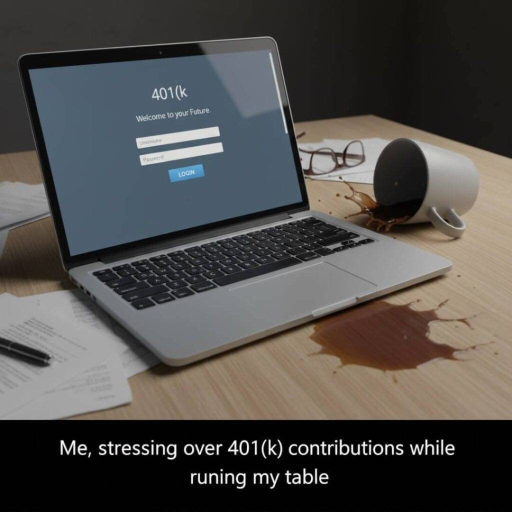 Laptop, 401(k) login, spilled coffee, panic.