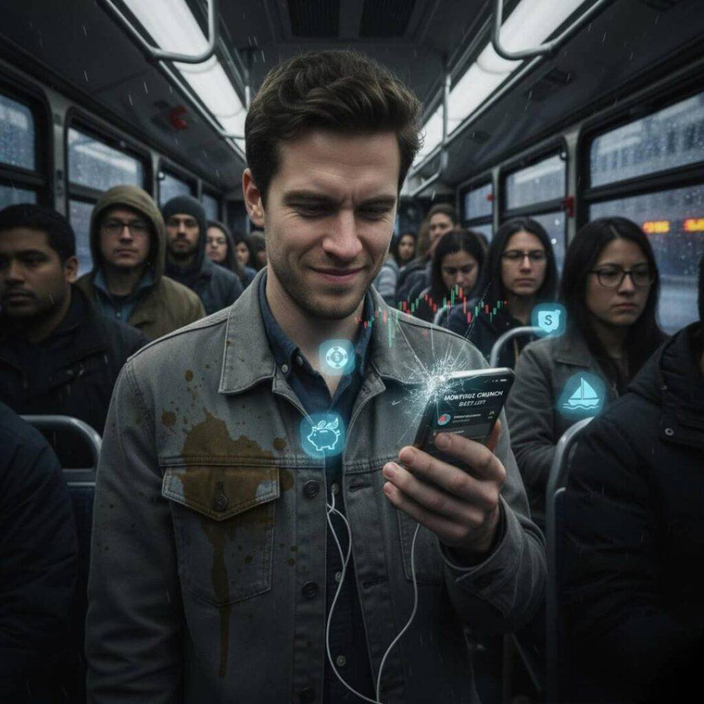 Man budgets on phone in crowded bus.