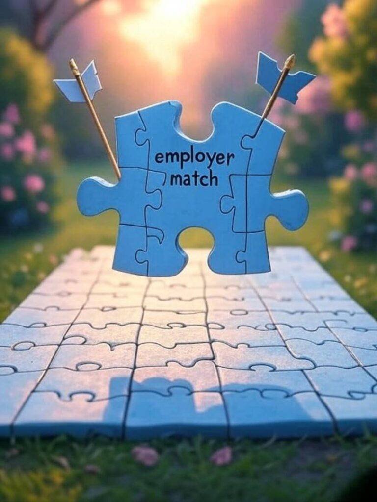 Floating employer match puzzle, whimsical wind arrows.