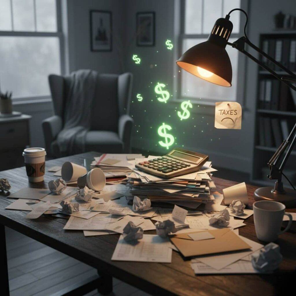 Home workspace, receipts, calculator, floating dollars.