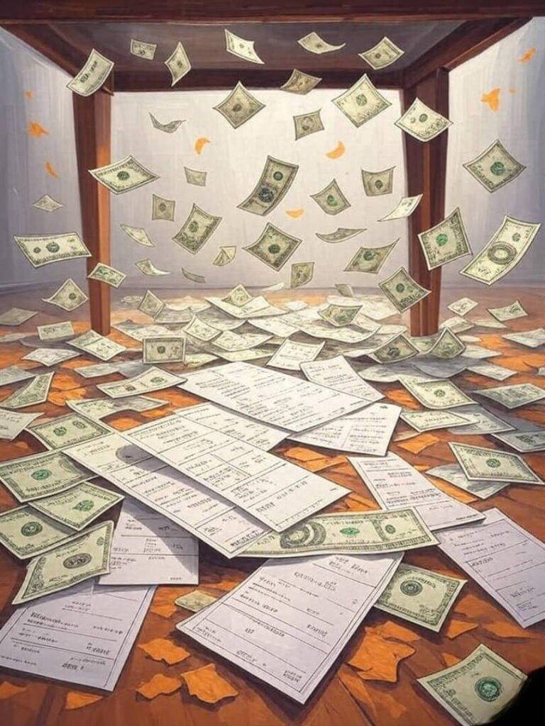 Receipts morph into dollar birds, optimistic floor mess.
