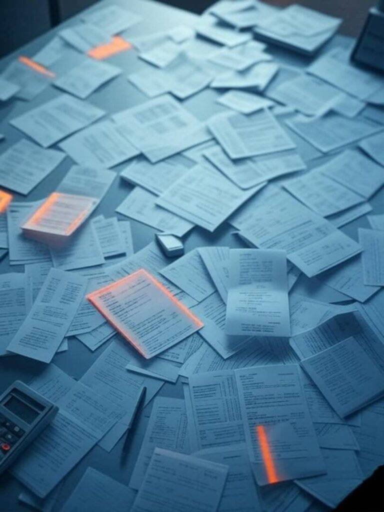 Overhead clutter of tax forms, calculator, and neon notes on desk.