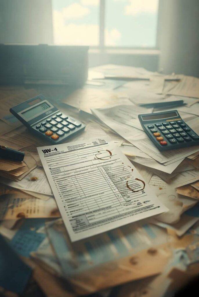 Messy desk with stained W-4, negative calculator.
