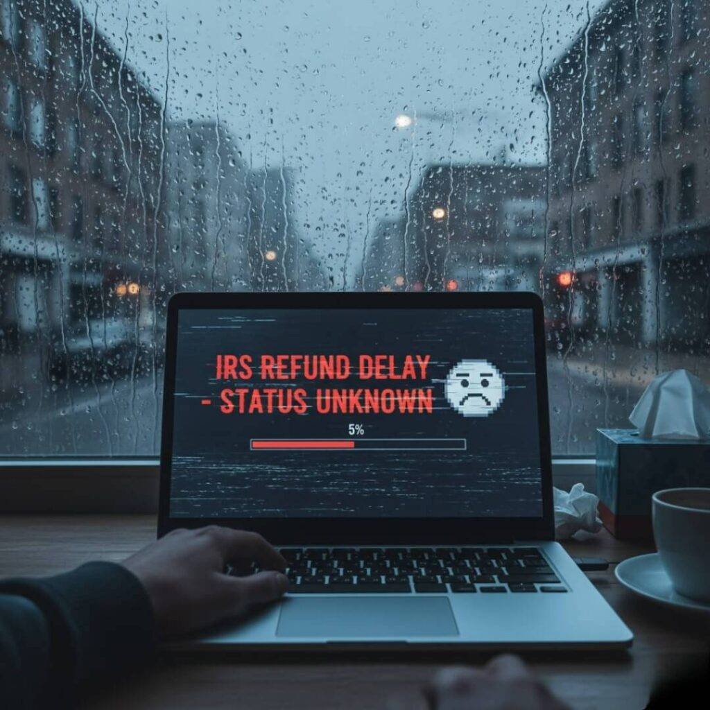 Rainy day, laptop shows IRS refund delay.