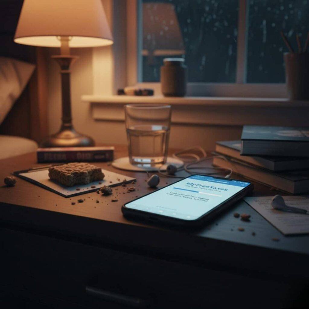 Smartphone, MyFreeTaxes, messy nightstand, late night.