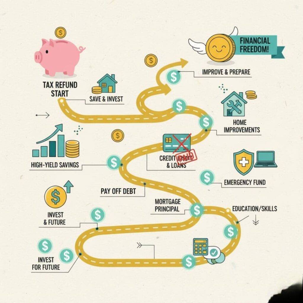 Infographic roadmap, dollar signs, tax refund strategies.