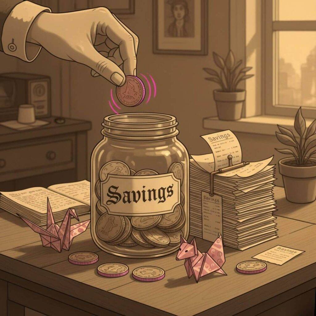 Manual Saving: Tumbling Coin, Origami Bills.