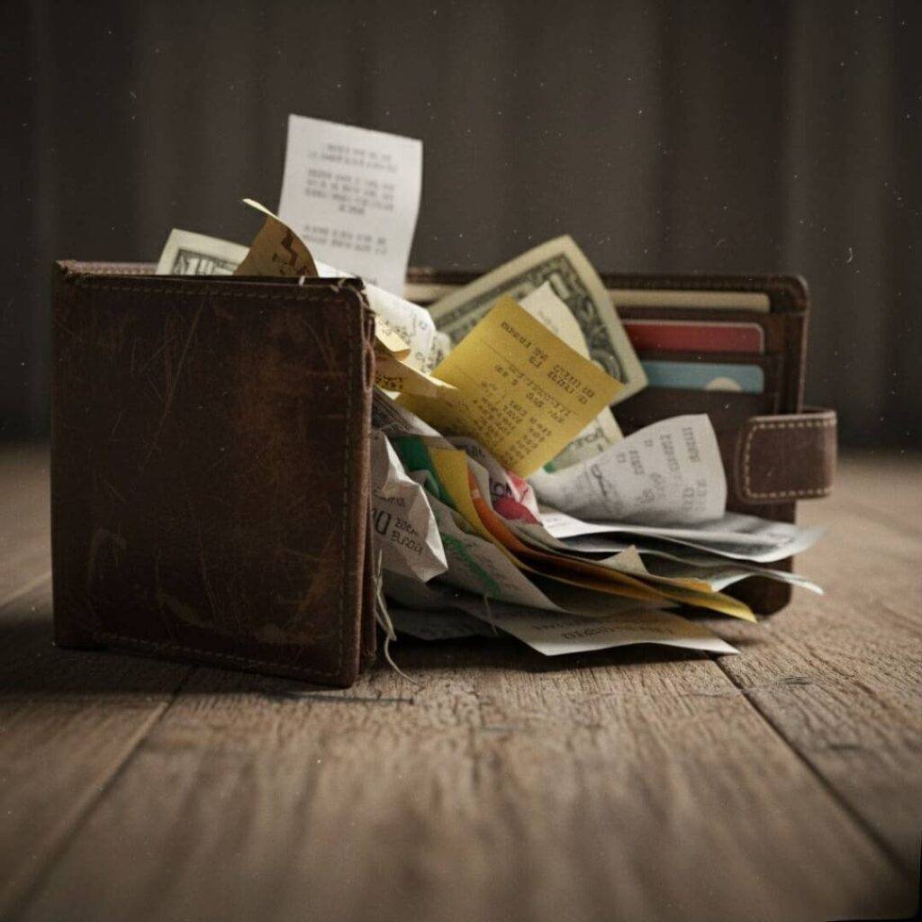 Beat-up wallet overflowing with receipts on floor.