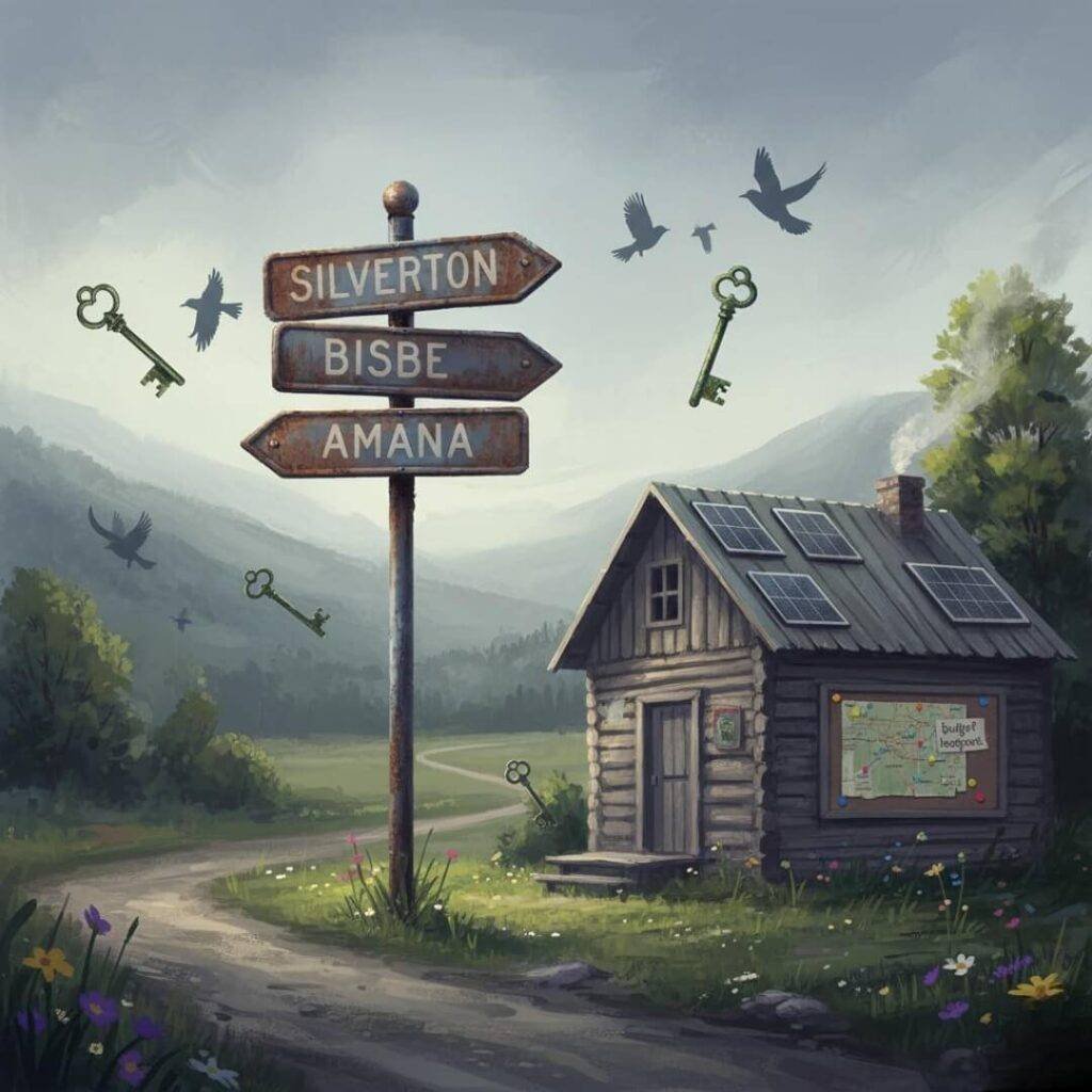 Dreamy affordable retirement, rustic cabin, rusty sign.