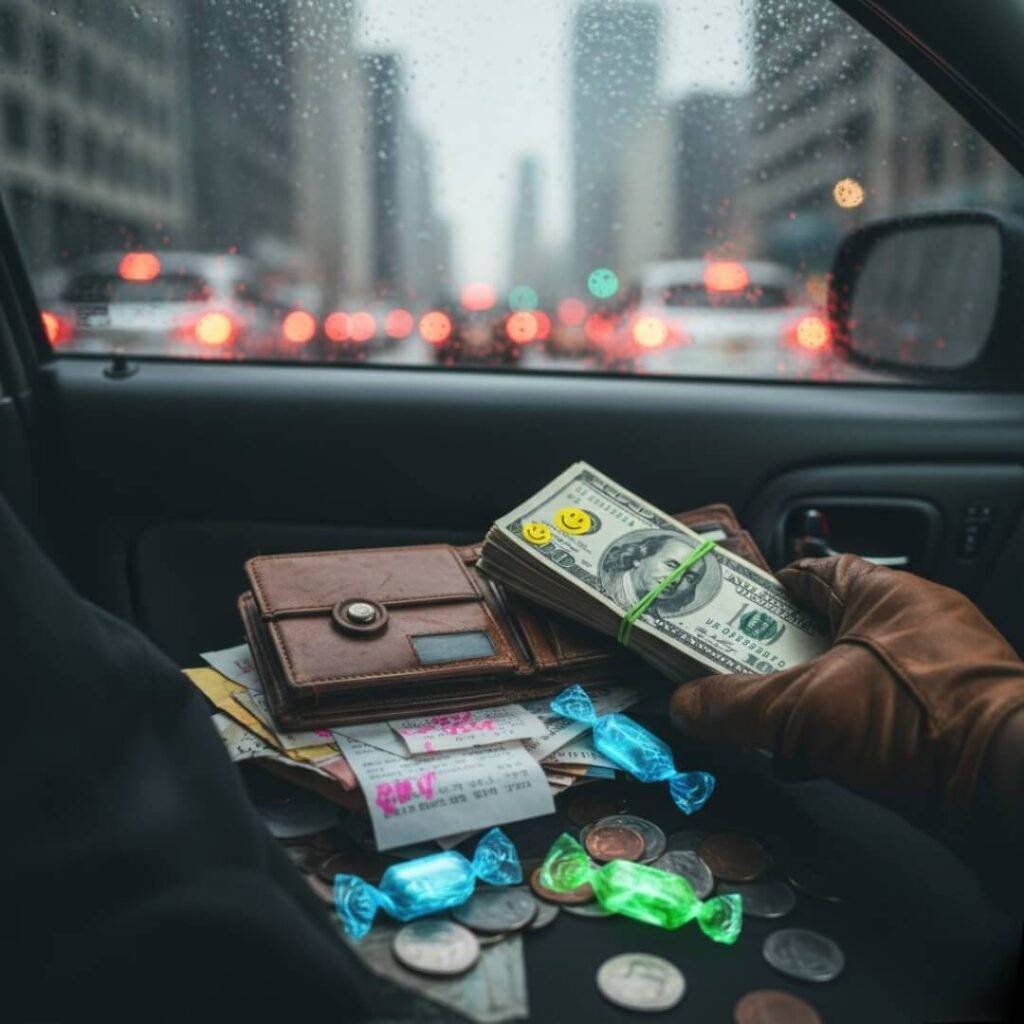 Wallet spilling cash, receipts in car during traffic.
