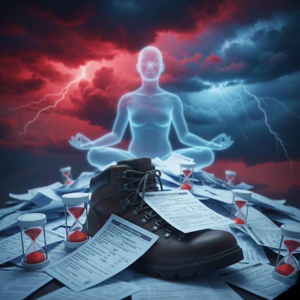 Tangled insurance forms, hiking boot, meditating figure, stormy sky.
