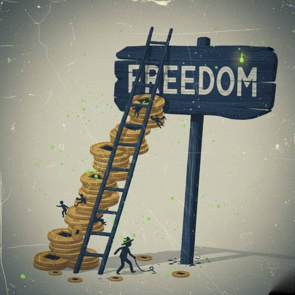 Coin ladder to "freedom" sign, tripping figure.