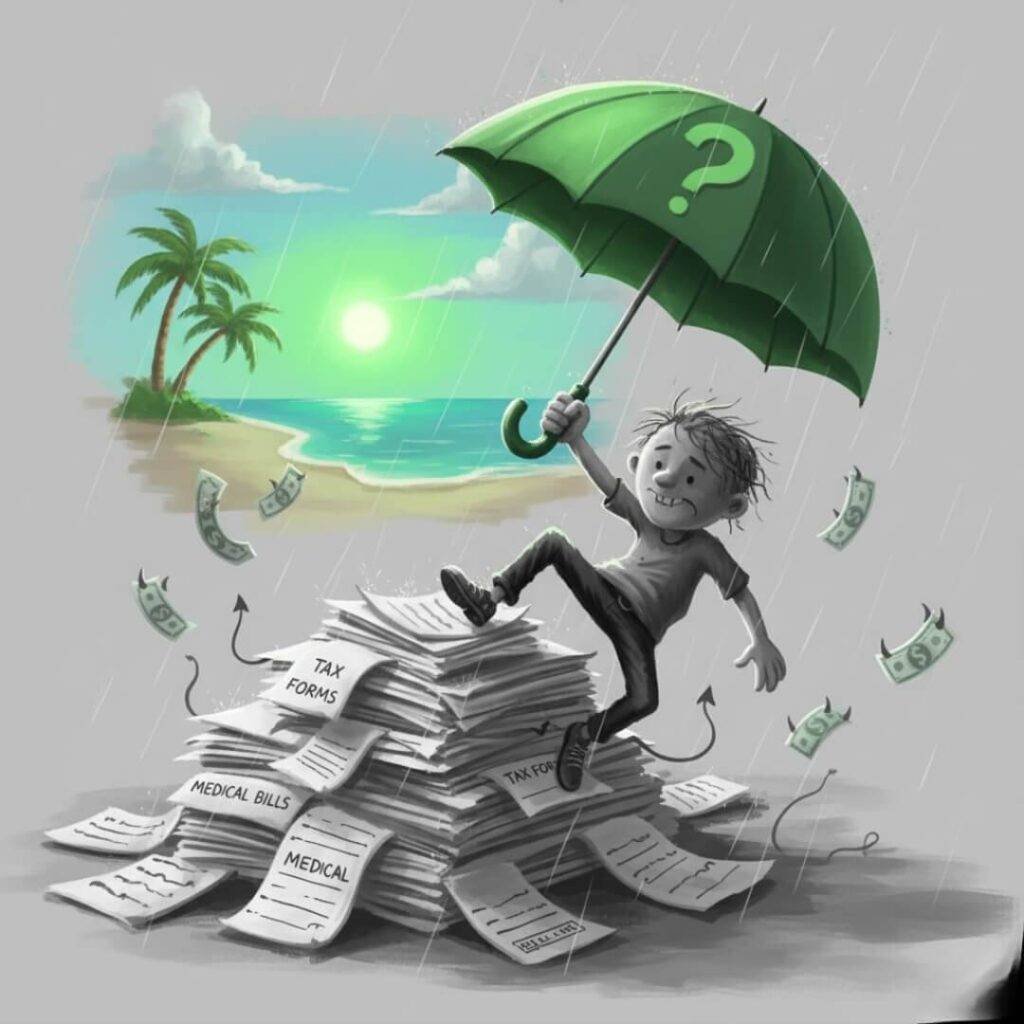 Man tripping on bills, dreaming of beach.