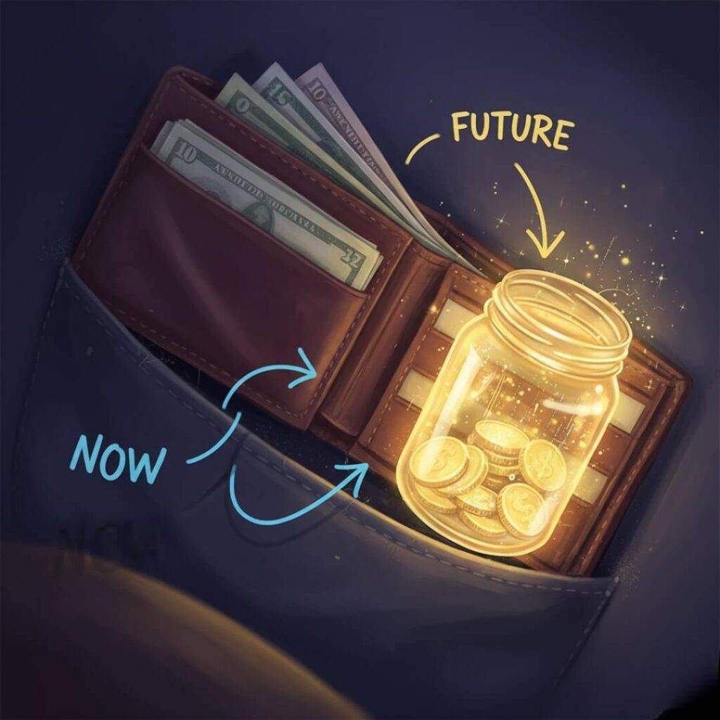 Wallet with bills and glowing 401(k) jar.
