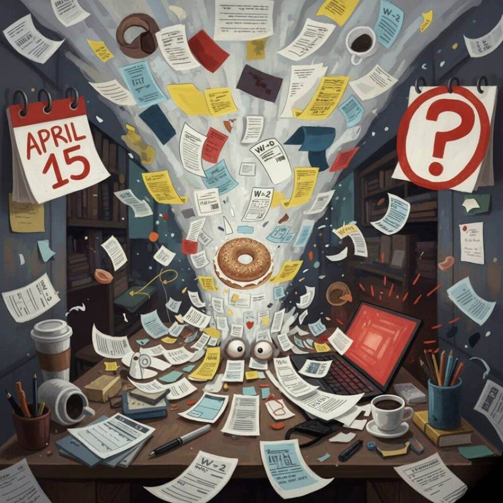 Desk explosion of tax forms and bagel.