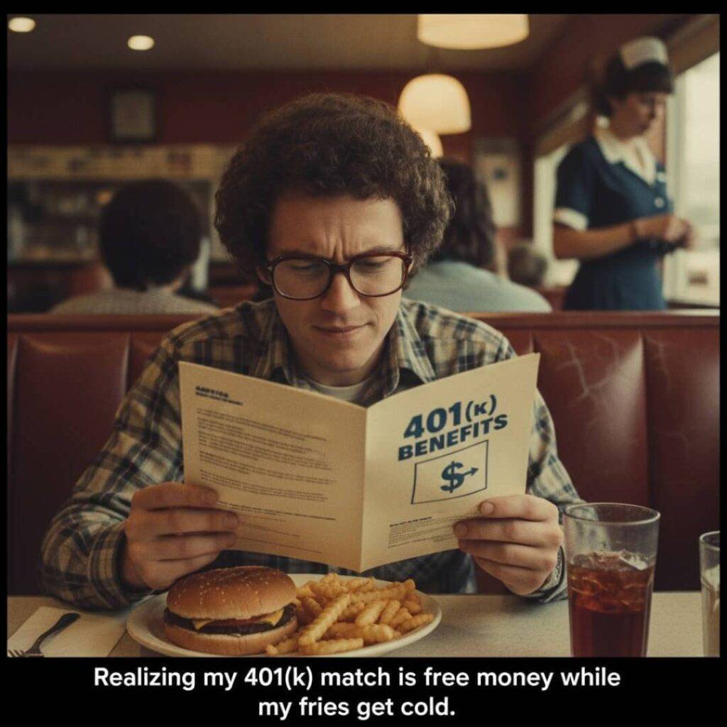 Man in diner, 401(k) pamphlet, burger.