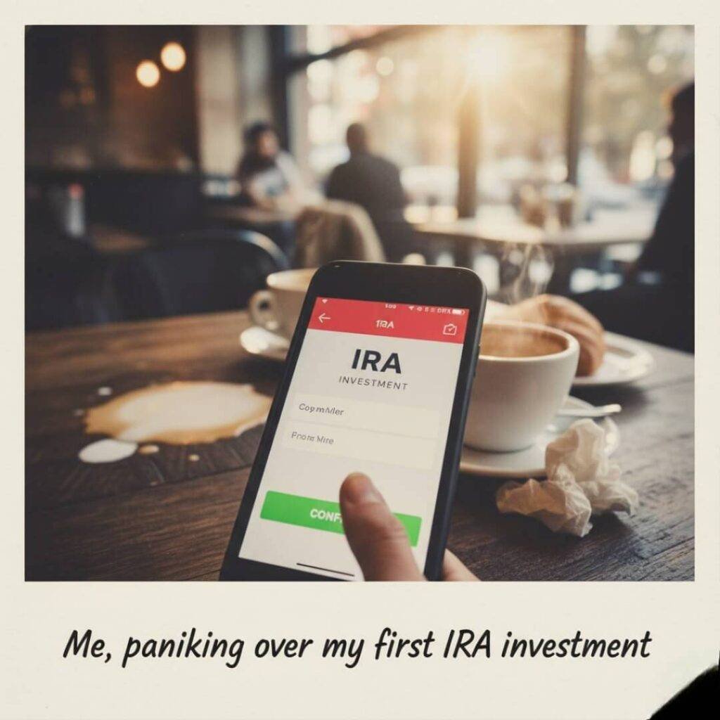Hand hovering over "confirm" on IRA app in coffee shop.