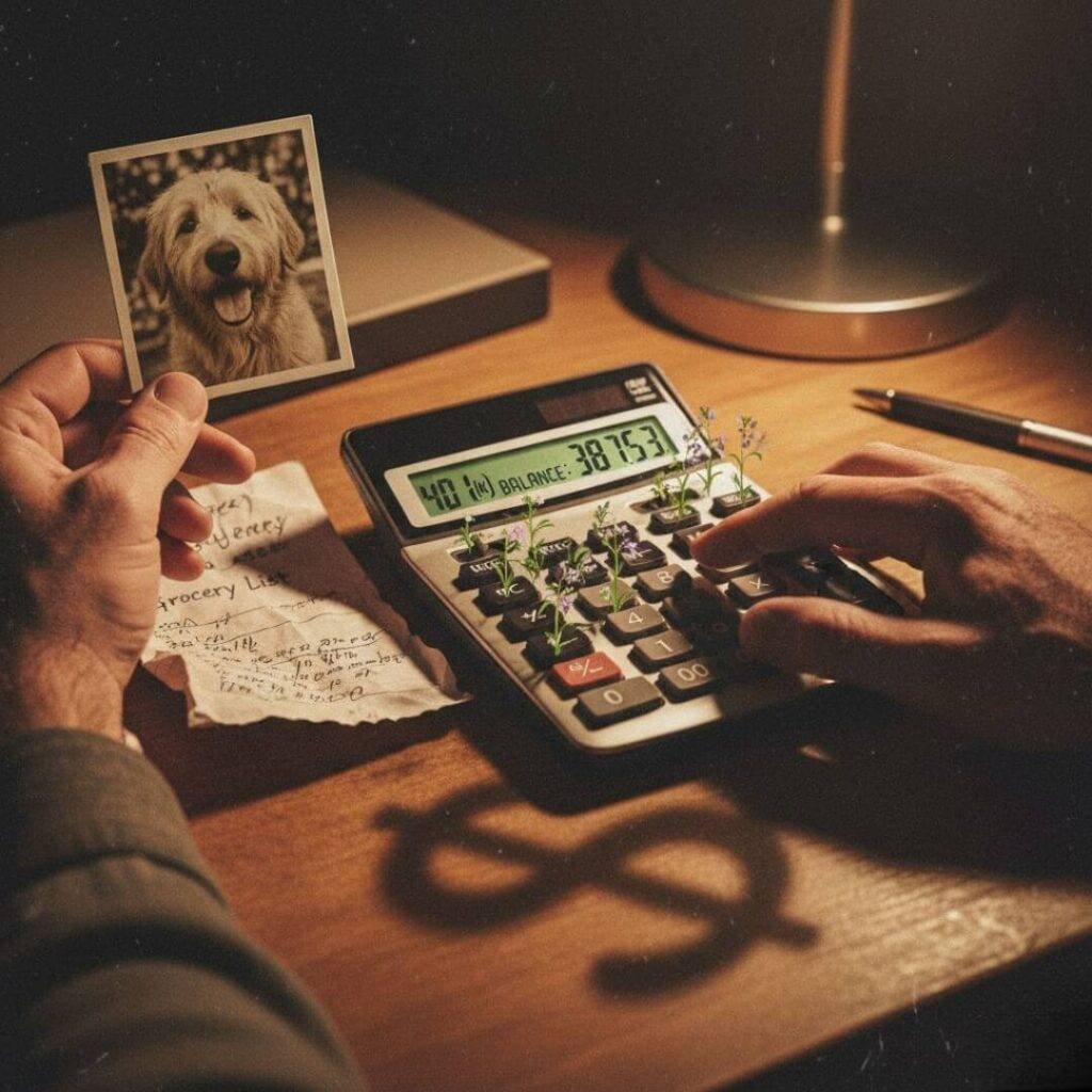 Hands hold dog photo and calculator.