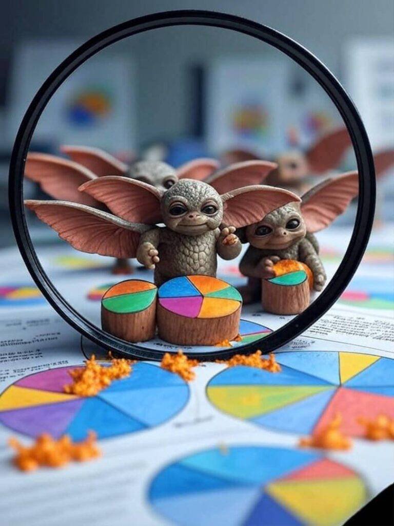 Gremlins in suits nibble pie charts, wry humor.