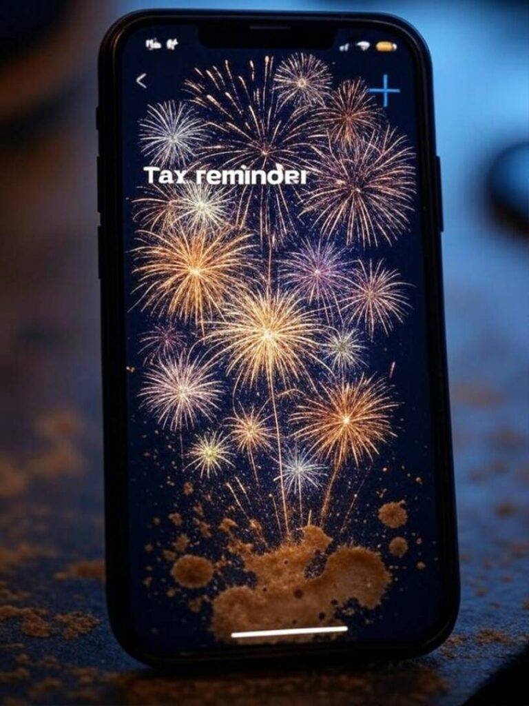 Shaky phone with tax alerts, bittersweet coffee stains.