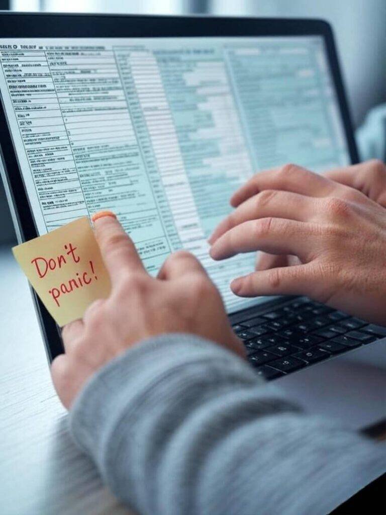 Close-up hands typing tax forms on laptop with "Don't Panic" note.