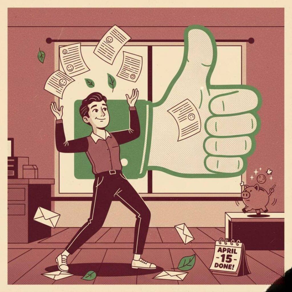 Person tossing tax papers forming thumbs-up.